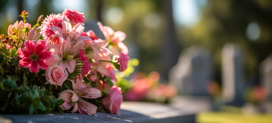 Beautiful flowers on a gravestone in a cemetery. All Saints' Day concept - obrazy, fototapety, plakaty