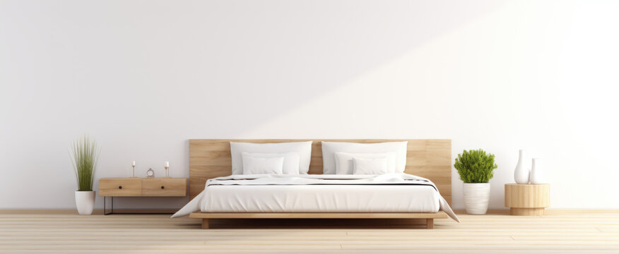 Modern bedroom with white walls and wooden floor. 3D render