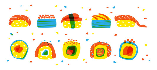 Sushi logo. Japan salmon roll, Japanese Asian art, traditional food poster with fish for restaurant menu. Abstract isolated elements. Seafood covered in nori. Vector isolated flat set