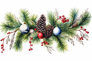 Fototapeta na wymiar Joyful Holiday Garland: Festive Fir Branches with Gold Stars, Cones, and Red Berries on White