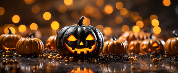 Halloween pumpkins with burning candles on bokeh background.