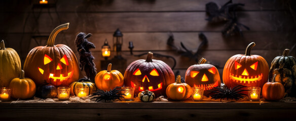 Halloween pumpkins on wooden background, Jack o lanterns