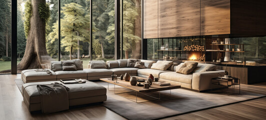 Modern luxury living room interior design with wooden floor, panoramic window view. 3d render