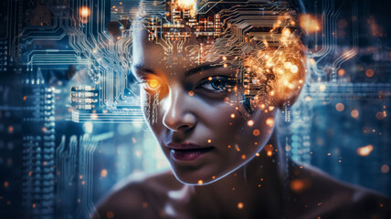 Naklejka na ściany i meble Double exposure of futuristic woman face and circuit board