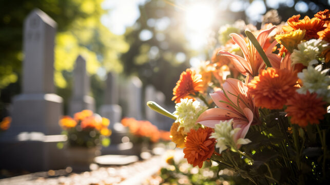 Colorful flowers in the cemetery. All Saints' Day concept