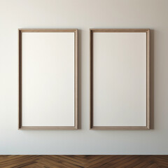 Mockup of double vertical beige frame on wooden floor and wall. Generative AI.