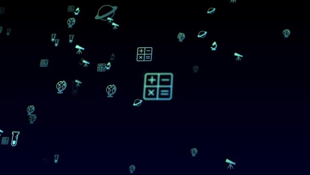 Background with flying school subjects physics, math, biology, geography, astronomy in neon style, chemystry. Concept for education, school, university, math college, sciense, sci-fi background