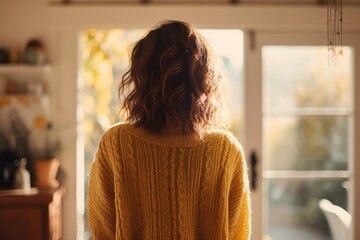 A person, adorned in a cozy sweater and viewed from behind, steps into a charming, sunlit new home, introducing a chapter of warmth, comfort, and beguiling new beginnings. - obrazy, fototapety, plakaty