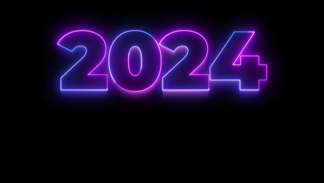Neon glowing light 2024 number looped animation on black background. Bright pink blue laser line 2024 happy new year. Retrofuturism Cyberpunk new year,  style seamless loop. Cosmic vibrant color 