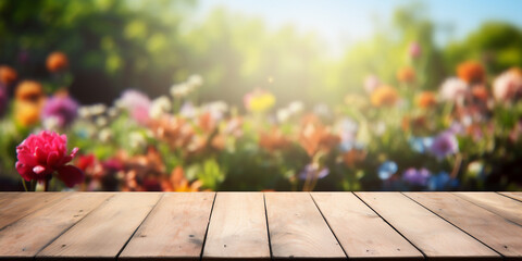 empty wooden table with flower garden view on background ,space for product.