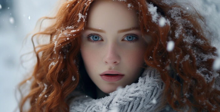 Beautiful winter portrait of a young, sweet girl with red, long hair with her. Middit Cold, snowfall fabulous concept. Bright portrait on a white background winter. Generative AI.