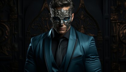 portrait of a rich man wearing a masquerade mask