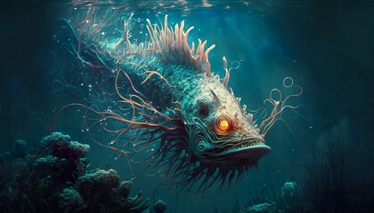 deep underwater creature, monster dark teeth, mouth aquatic - obrazy, fototapety, plakaty