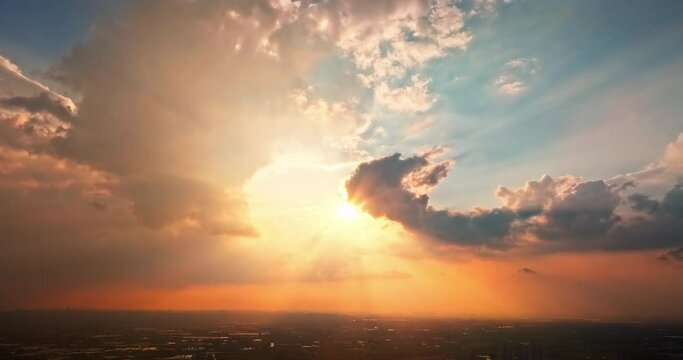 Aerial view beautiful sunset sky clouds and city skyline