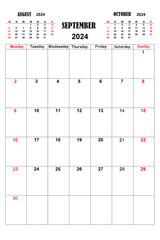 White calendar for September 2024 with previous and next months. New year 2024 concept