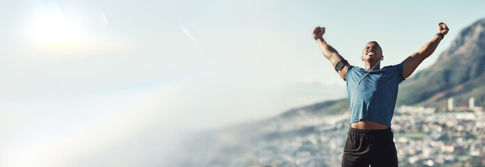 Happy man, fitness and banner in success on mountain or mockup for workout or outdoor exercise Male...