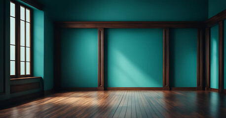 Blue turquoise blank wall, wooden floor, and interesting window glare. The presentation's interior setting.