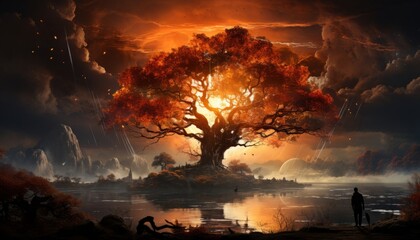 a fabulous tree of life grows in the mountains, the sun sets on the horizon of the landscape.