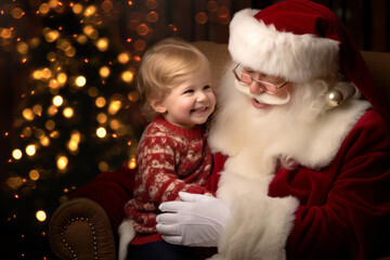 Little toddler child on Santa Claus lap. Father Christmas hugging small cheerful boy on a backdrop of Christmas tree. Celebrating winter holidays with kids.