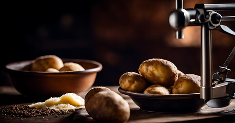 Crusted potatoes on a table and in a bowl with a potato press for purée - obrazy, fototapety, plakaty
