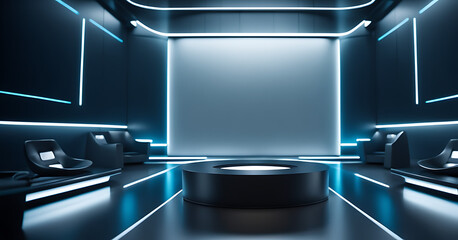 For product presentations, use a universally abstract futuristic gray blue background with built-in lighting.