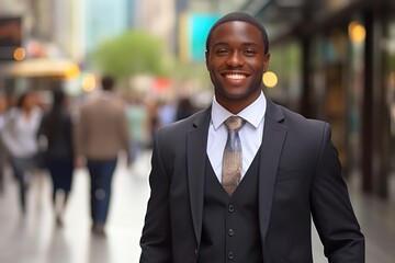 Fototapeta premium Black African American businessman smile happy face on city street