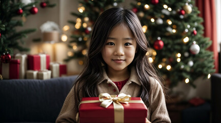 Fototapeta na wymiar Young Asian girl holds a gift in her hand at Christmas at her home
