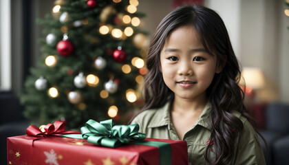Young Asian girl holds a gift in her hand at Christmas at her home