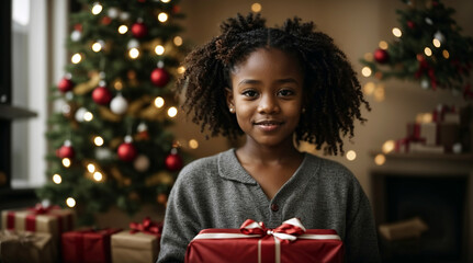 Young African girl holds a gift in her hand at Christmas at her home