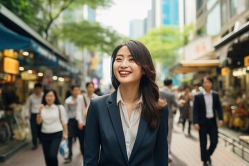 Asian businesswoman smile happy face on city street - obrazy, fototapety, plakaty