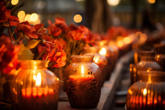 Lots of lit candles and yellow marigold flowers at the cemetery. Celebrating All Saints Day at graveyard at night.