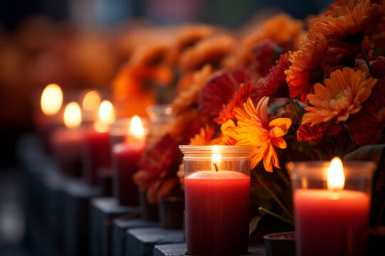 Lots of lit candles and yellow marigold flowers at the cemetery. Celebrating All Saints Day at graveyard at night.