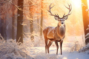 Mystic Christmas reindeer in wonderful winter forest. Stag among snowy trees on magical Christmas evening.