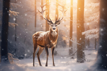 Mystic Christmas reindeer in wonderful winter forest. Stag among snowy trees on magical Christmas...