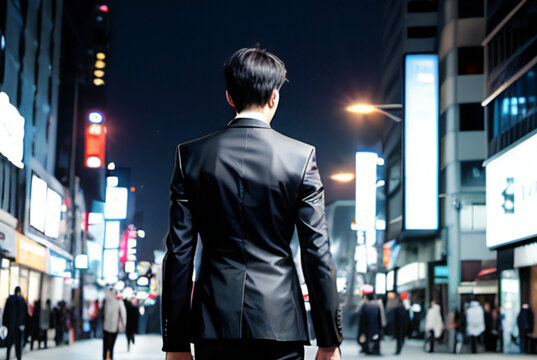夜の都会を歩くスーツ姿の男性の後姿イメージ,generative ai