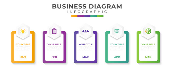 Business infographic process with square template design with icons and 5 options or steps.