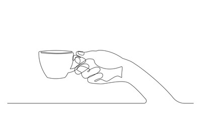 Continuous line drawing hand holding cup of hot coffee or tea.