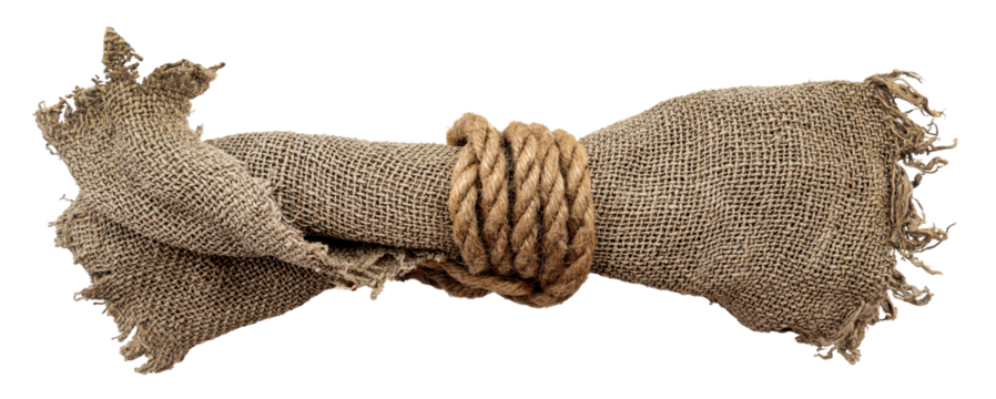 Burlap texture. A piece of torn and twisted burlap on a white background. Canvas. Packaging material. Jute