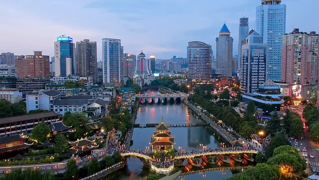 Night view aerial photography of Jiaxiu Tower and urban skyline in Guiyang, Guizhou, China