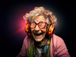 Close up portrait of excited older woman with big smile playing video games with headphones