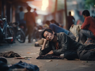 Asian homeless man sleeping on his hands on the street amidst a crowd of passersby and hoping for help - obrazy, fototapety, plakaty