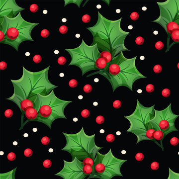 Christmas seamless pattern with decorative elements: green leaves, red berries
