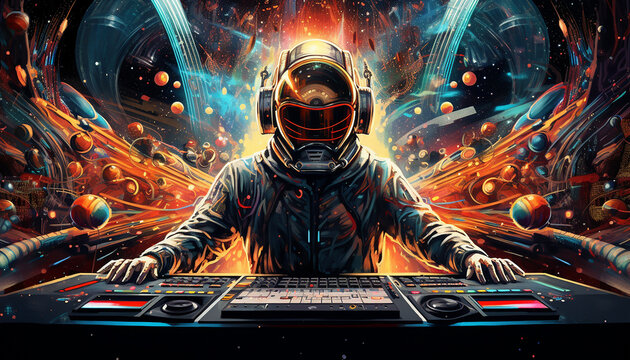 Hightech future of music and dance and djing in festivals with hitech music in psychedelic atmosphere