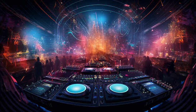 Hightech future of music and dance and djing in festivals with hitech music in psychedelic atmosphere