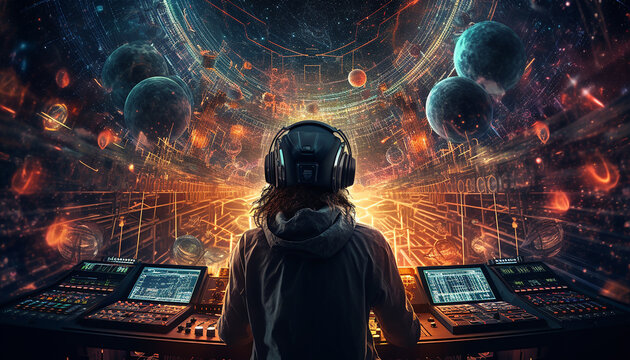 Hightech future of music and dance and djing in festivals with hitech music in psychedelic atmosphere