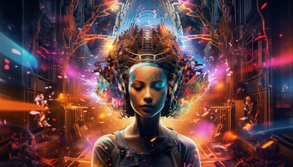 Hightech future of music and dance and djing in festivals with hitech music in psychedelic atmosphere