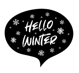 Hello winter text at black winter background with snowflakes. Vector illustration