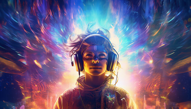 Hightech future of music and dance and djing in festivals with hitech music in psychedelic atmosphere