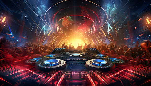 Hightech future of music and dance and djing in festivals with hitech music in psychedelic atmosphere