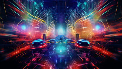 Hightech future of music and dance and djing in festivals with hitech music in psychedelic atmosphere